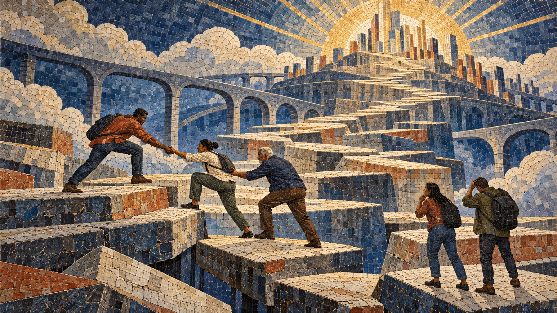 A ceramic mosaic of people helping one another across shifting stone platforms toward a distant city.