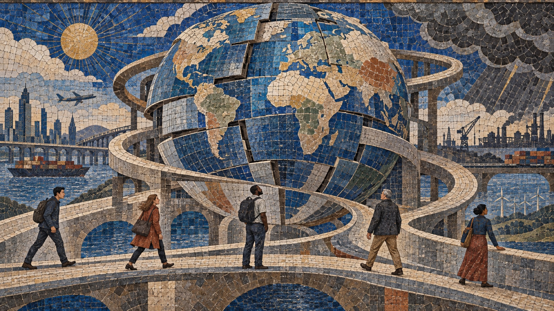 Ceramic mosaic of people walking along winding paths around a fractured globe, with cities, ships and storm clouds in the background.